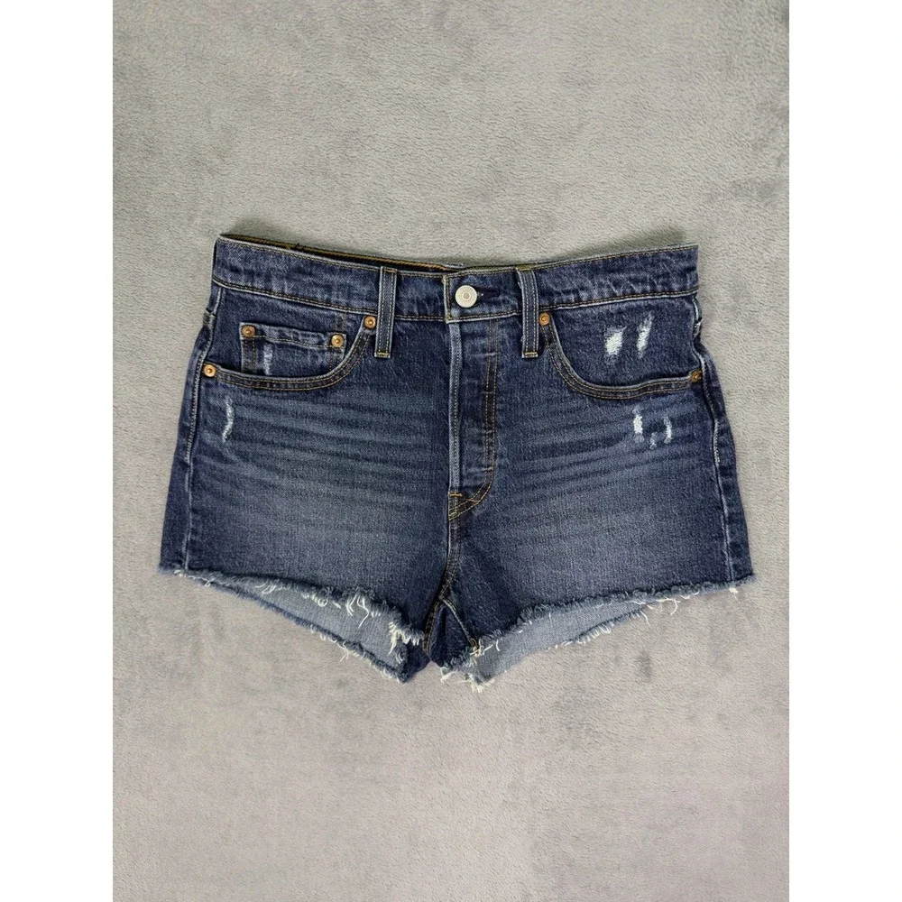 Levis 501XX Shorts Womens 28 Blue Denim Button Fly Distressed Frayed Hem